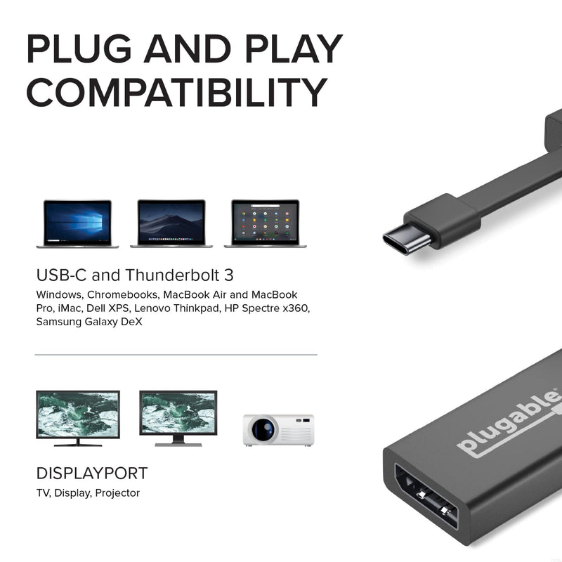 [Australia - AusPower] - Plugable USB C to DisplayPort Adapter 4K 60Hz, Thunderbolt 3 to DisplayPort Adapter Compatible with MacBook Pro, Windows, Chromebooks, iPad Pro, Dell XPS, and More 