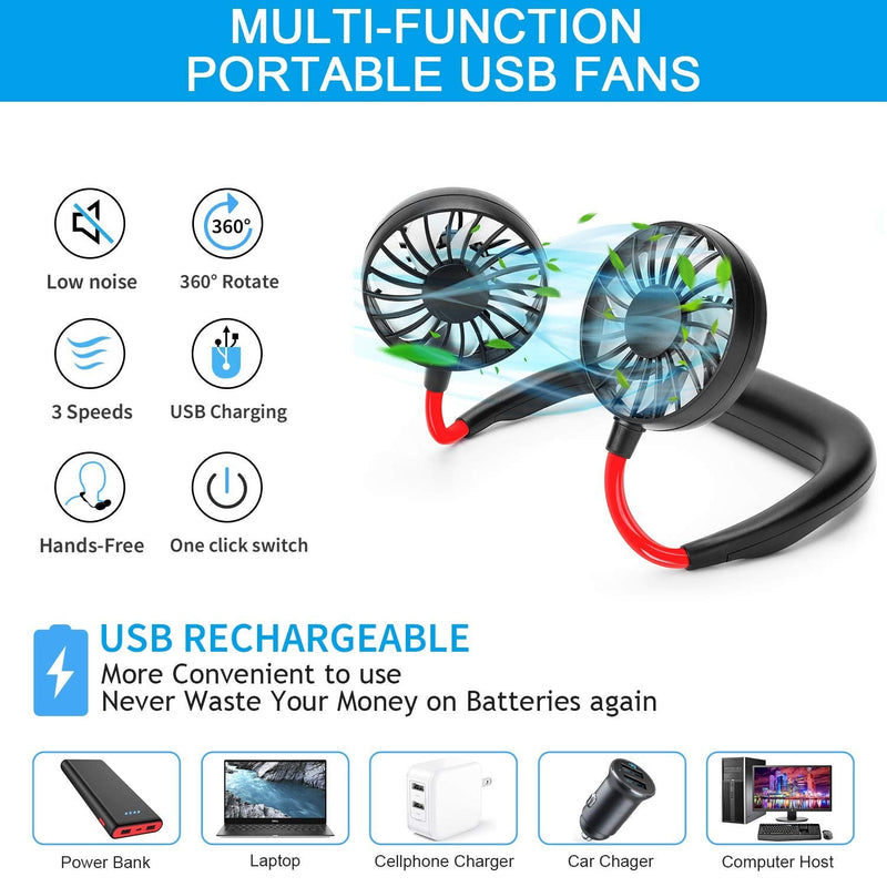 [Australia - AusPower] - RJVW Portable Neck Fan, Hand Free Personal Hanging Neck Sports Fan USB Rechargeable (3 Speed Adjustable) Wearable Cooling Head Fan,360 Degree Free Rotation for Traveling, Sports, Office, Reading Black red 