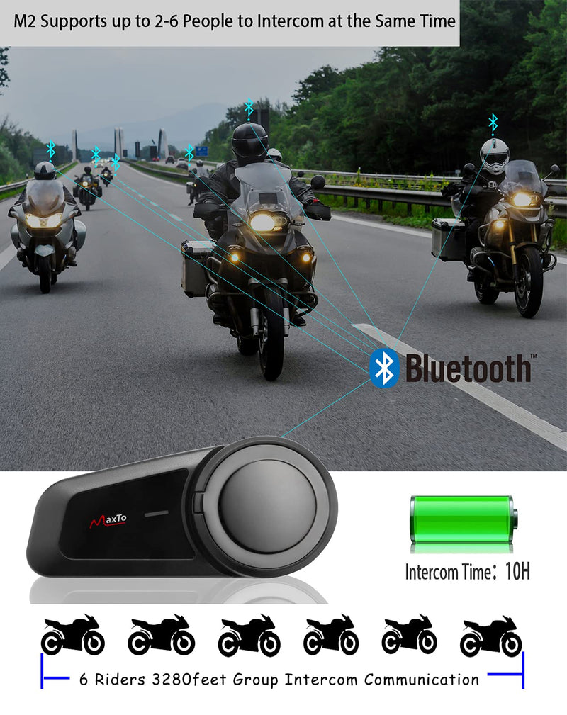 [Australia - AusPower] - Maxto Motorcycle Bluetooth Headset, M2 Group Motorbike Helmet Communication Systems 6-Way BT5.0 Waterproof Intercom 1000M Range with FM Radio,Siri,Voice dial for Ski/ATV/Full/Half Face(2 in 1 Mic) M2 1Pack 