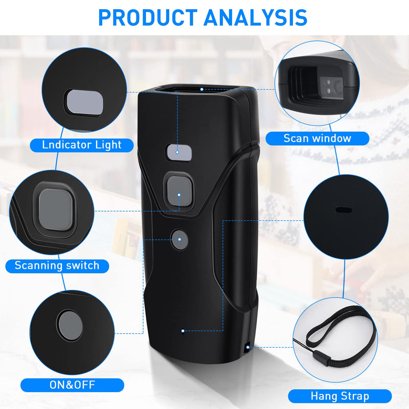 [Australia - AusPower] - Bluetooth Barcode Scanner,Jrhc Mini 2D Portable Wireless Barcode Scanner 3-in-1 Bluetooth & 2.4G Wireless & Wired Connection Barcode Reader Compatible with iOS, Android, Windows, Mac Tablets Or PC HC-202D 2D 