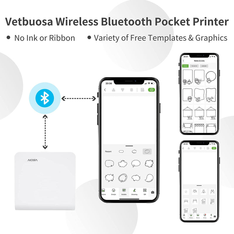 [Australia - AusPower] - Vetbuosa Mini Pocket Printer - Bluetooth Thermal Printer Portable Pocket Printer Compatible with iOS + Android for Work Plans, Memo, Journal, Study Notes, Black and White Picture - White 94*94*61mm 