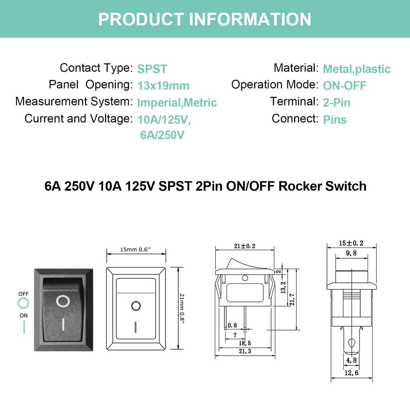 [Australia - AusPower] - 5Pcs On/Off Boat Rocker Switch 5Pcs 2 Pin Position Snap 12V 110V 250V QTEATAK 