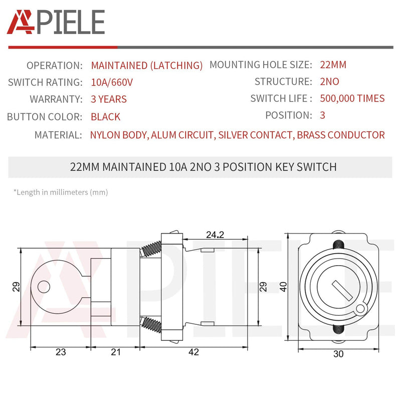 [Australia - AusPower] - APIELE 22MM 3 Position Key Switch 2NO XB2-20Y/31 (3 Position Maintained) 3 Position Maintained 