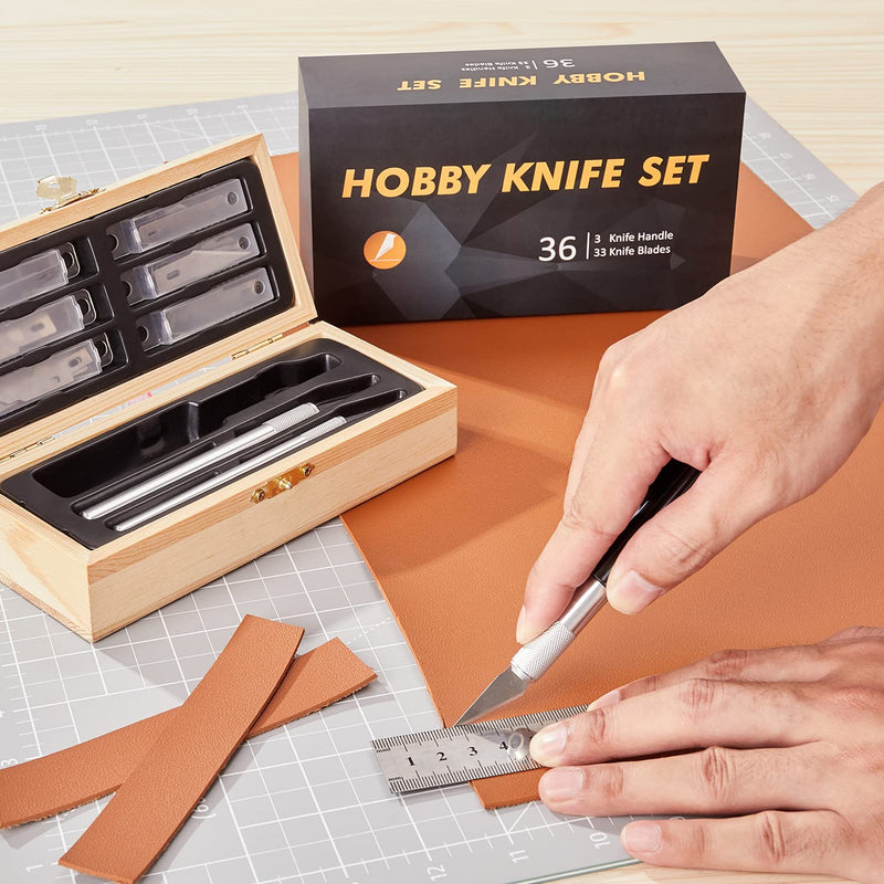 [Australia - AusPower] - Headley Tools Precision Craft Hobby Knife Set (38pcs) with Wooden Chest, Razor Sharp Knives for Scrapbooking, Art Modeling, Sculpture, Wood&Leather Working- Fine Point, Scoring, Chiseling Blades 