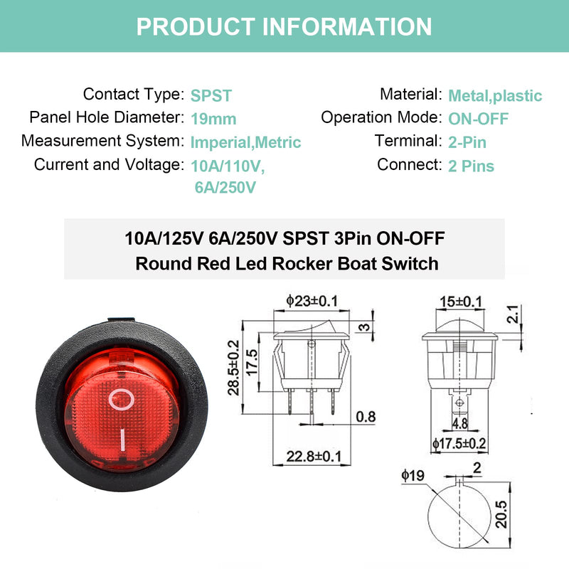[Australia - AusPower] - QTEATAK KCD1 On/Off 3-Pin 2-Position Snap 10A/125V, 6A/250V Red LED Round Boat Rocker Switch-5Pack 