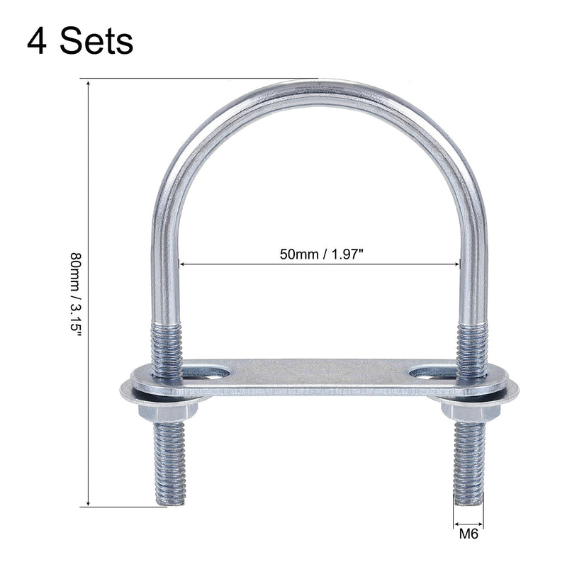 [Australia - AusPower] - uxcell Round U-Bolt 1.97"(50mm) Inner Width 80mm Length Steel M6 with Nut, Plate, Washer 4 Sets 