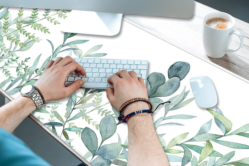 [Australia - AusPower] - Extended Gaming Mouse Pad (35.4x15.7 inch 3mm Thick), iDonzon Soft Cute Extra Large XXL Waterproof Thicken Desk Mouse Keyboard Mat with Non-Slip Rubber Base & Stitched Edges, Green Plants 