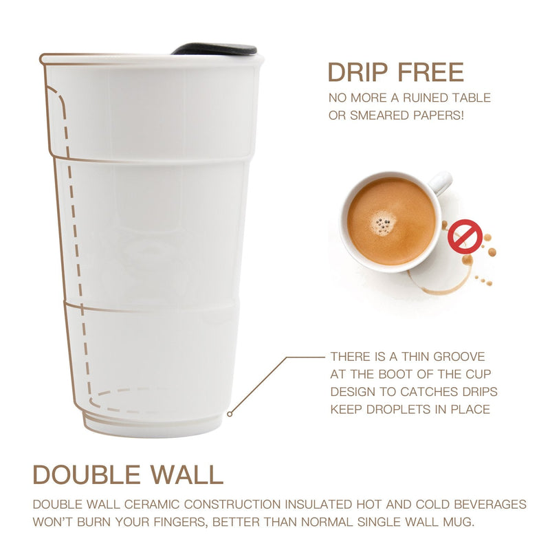 [Australia - AusPower] - UDMG Ceramic Double Wall Insulated Travel Coffee Cup with Slider Lid, Silicone Sleeve & Built-In Coaster, 10 fl.oz (Coffee) Coffee 10 fl.oz 