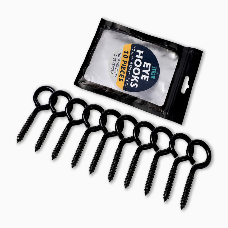 [Australia - AusPower] - Zyraw Pack of 10 Eye Hooks Screw Carbon Steel 3.2 inches Zinc Plating on Bolt Eye Hook for Rust Resistance Self Tapping Screw Eyes for Hanging Items, Securing Cables and Lifting Loads Black 