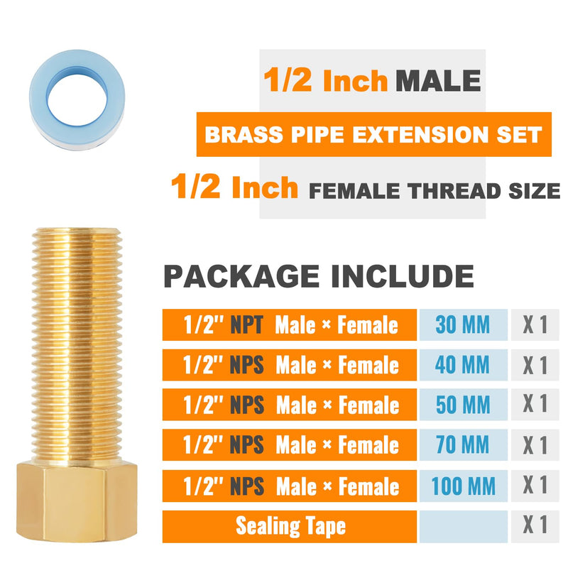 [Australia - AusPower] - SUNGATOR Brass Pipe Fitting Set, 1/2 Inch Male Ã— 1/2 Inch Female Pipe Hex Nipple Extension Fitting Adapter, 1/2'' Brass Pipe Extension Fitting Connector with Sealing Tape, 30/40/50/70/100MM (5 Pcs) 