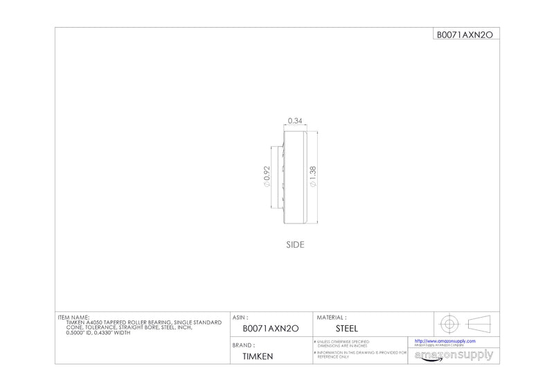 [Australia - AusPower] - Timken A4050 Tapered Roller Bearing, Single Cone, Standard Tolerance, Straight Bore, Steel, Inch, 0.5000" ID, 0.4330" Width 