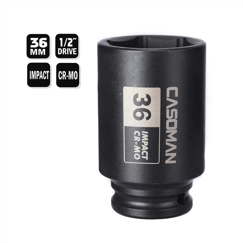 [Australia - AusPower] - CASOMAN 1/2" Drive x 36 mm Deep 6 PT Impact Socket, CR-MO, 1/2-inch Drive 6 Point Axle Nut Socket for Easy Removal of Axle Shaft Nuts (36MM) 6-Point Socket 36mm 