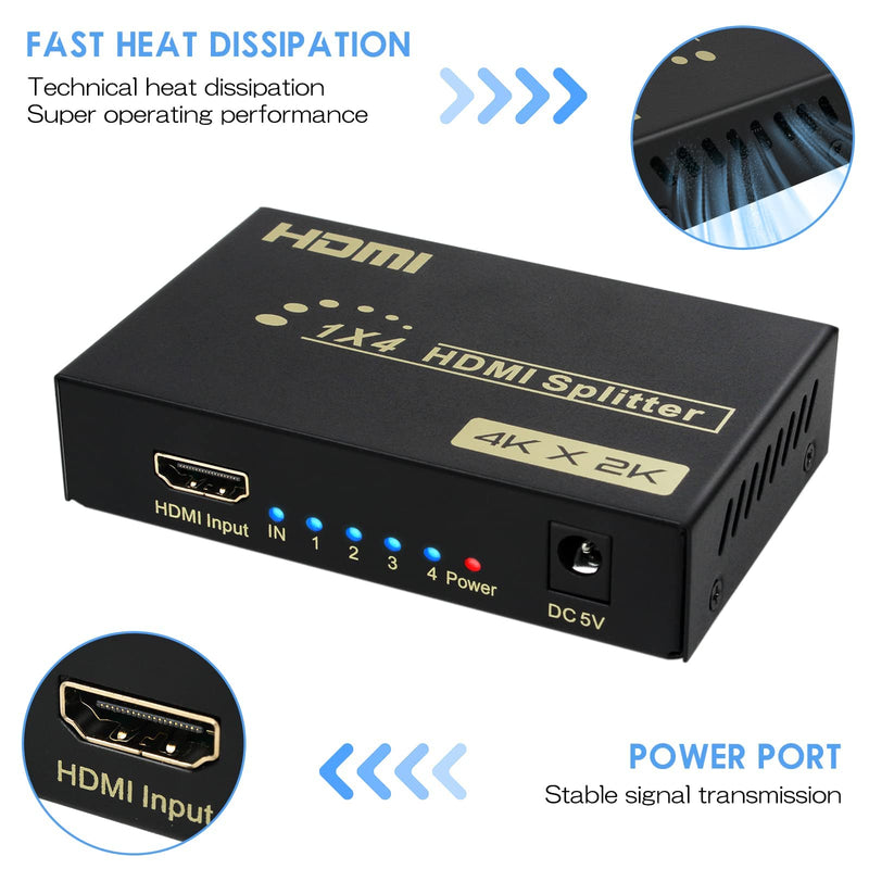 [Australia - AusPower] - HDMI Splitter 1 in 4 Out, 4Kx2K @30Hz 1x4 Audio Video Distributor Support 3D Duplicate/Mirror 4 Screen for HDTV, Xbox, PS4, Blue-Ray Player, Projector (AC Adaptor Included) 