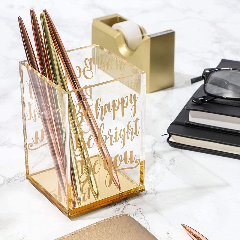 [Australia - AusPower] - Gold and Clear Acrylic Pen Holder with Inspirational Quotes (2.95 x 4.45 In) 