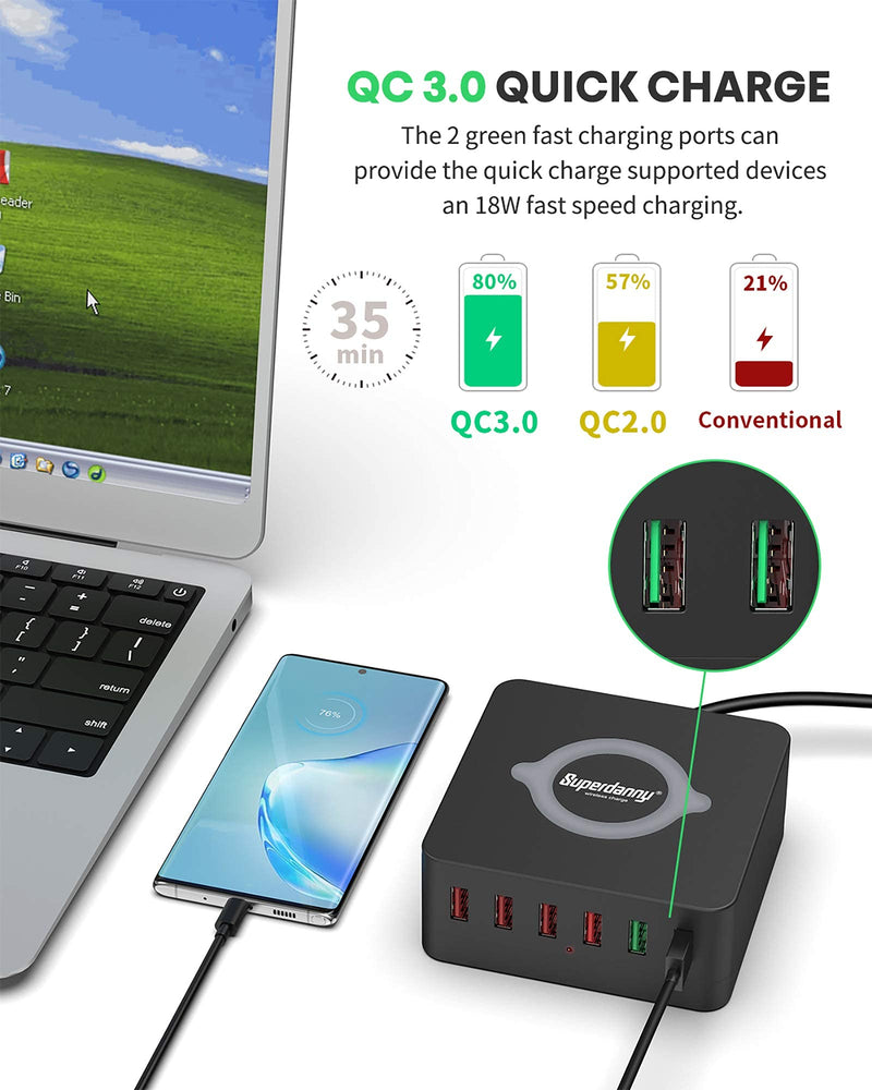 [Australia - AusPower] - USB Fast Charger with Wireless Charging Station, SUPERDANNY Multiple USB Charging Hub with 72W 6 Smart USB Ports, Dual Quick Charger 3.0 QC 3.0 Fast Charger Pad for iPhone iPad Home Office, Black 
