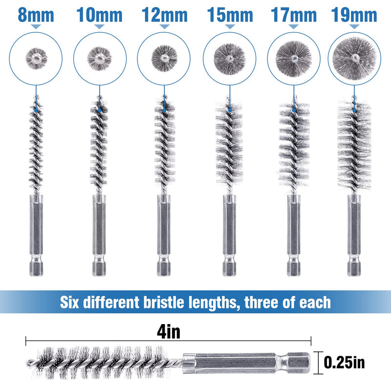 [Australia - AusPower] - 18-Piece Bore Brush Set- Stainless Steel Bore Brushes with 1/4" Hex Shank Twisted Wire Bore Brushes with Different Bristle Lengths for Tubes Ports Bearings Cleaning (8mm, 10mm, 12mm, 15mm, 17mm, 19mm) 