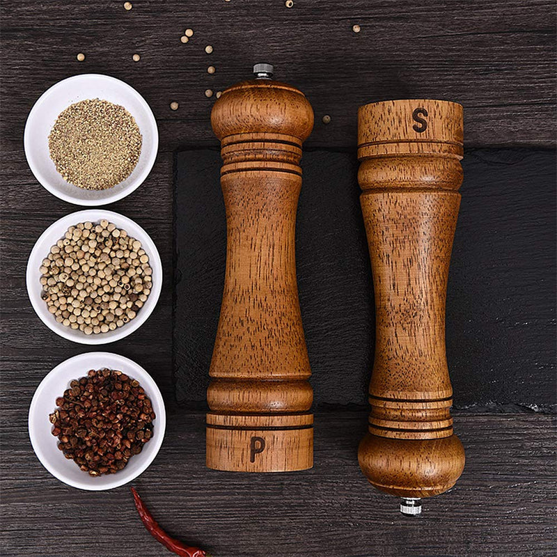 [Australia - AusPower] - Salt and Pepper Grinder Set, 2 Pack Wood Salt Pepper Grinder Mill Refillable Shakers with Adjustable Coarseness for Farmhouse Kitchen Including Wooden Spoon Cleaning Brush 