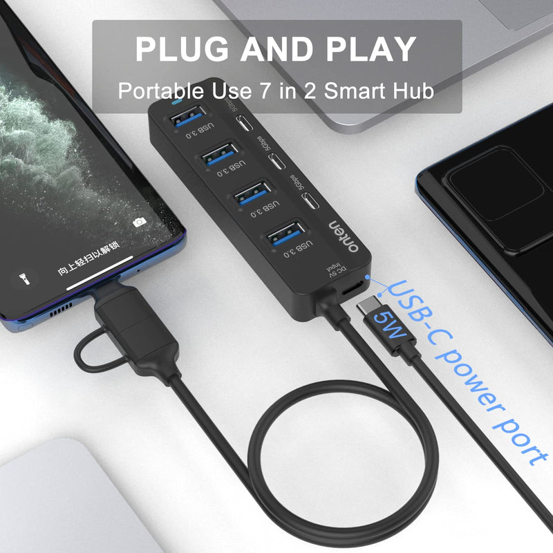 [Australia - AusPower] - Onten USB C Hub,7Port USB 3.0 Hub,USB C to USB C Adapter,USB Splitter with 1.6 ft Cable 4*USB3.0 Ports,3*USB C Ports for Laptop MacBook Surface Pro and More USB/USB C Devices 
