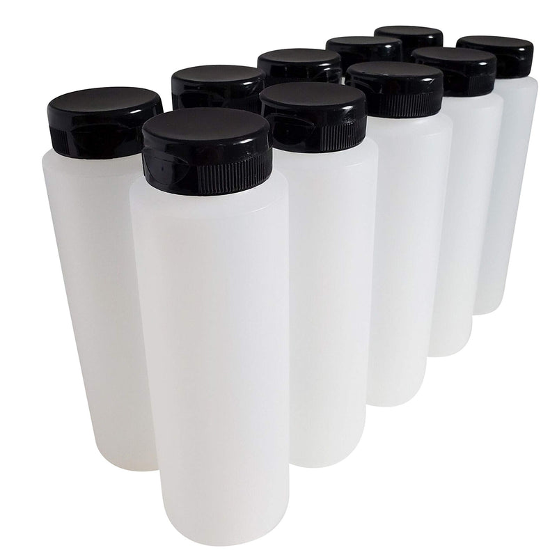 [Australia - AusPower] - kelkaa 8oz HDPE Plastic Squeeze Bottles with Wide Mouth Opening, Black Flip Top Caps for Condiments and Any Thick Liquid Products, Multi Purpose Refillable Empty Bottles (Pack of 10) 