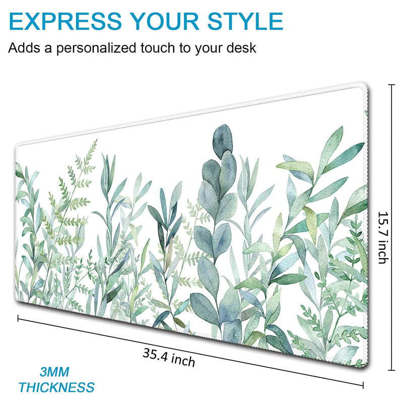 [Australia - AusPower] - Extended Gaming Mouse Pad (35.4x15.7 inch 3mm Thick), iDonzon Soft Cute Extra Large XXL Waterproof Thicken Desk Mouse Keyboard Mat with Non-Slip Rubber Base & Stitched Edges, Green Plants 