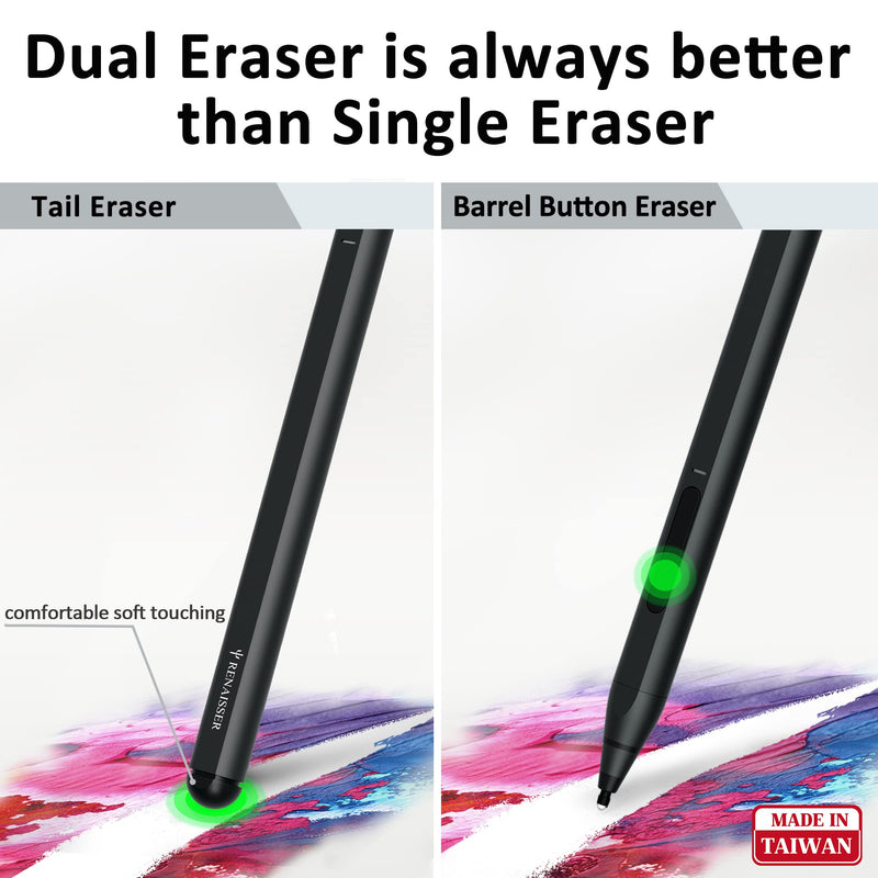 [Australia - AusPower] - RENAISSER Raphael 530 Stylus Pen for Surface, Soft Tail & Barrel Dual Eraser, Designed in Houston, Made in Taiwan, USB-C Charging, 4096 Pressure Sensitivity, for Surface Pro 8/7/Laptop Studio 