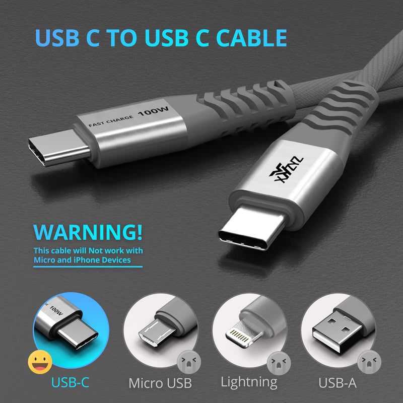 [Australia - AusPower] - USB C to USB C Cable XYYZYZ [ 6.6 ft 2 Pack ] 100W 5A PD QC Type C Fast Charging Cable Nylon Braided Type C Charging Cord Compatible with MacBook Pro, iPad Pro, iPad Air 4, Galaxy -Grey Grey 