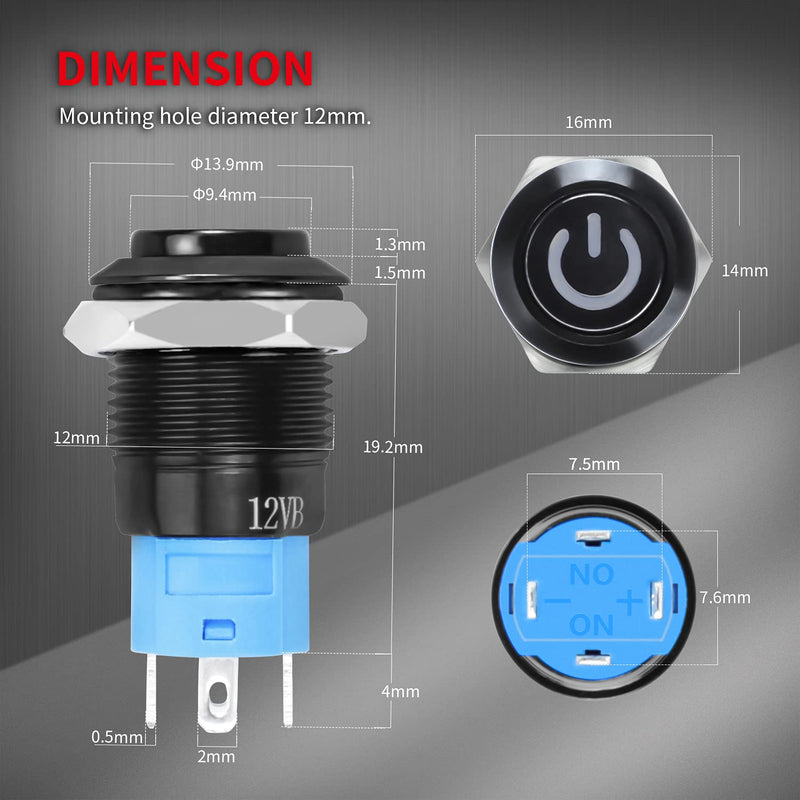 [Australia - AusPower] - DaierTek 6pcs Latching Push Button Switch 12V LED Blue Waterproof ON Off Maintained 12 Volt 12mm Small Round Metal Black Wired for Marine Boat Car Truck 