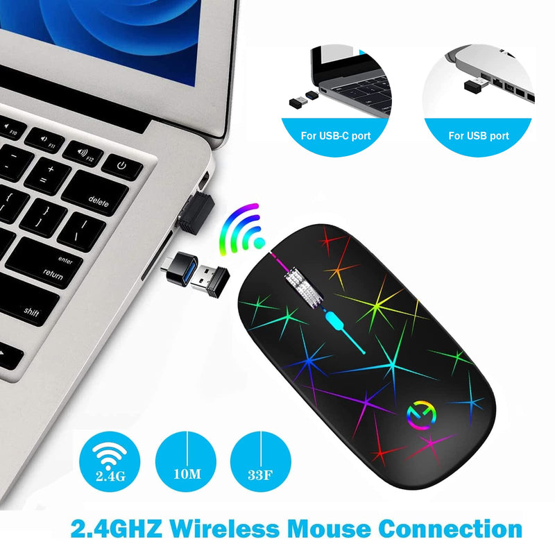 [Australia - AusPower] - Wireless Mouse, 2.4G Portable Optical Quiet RGB Mouse with USB Receiver and Type C Adapter, 3 Adjustable DPI Levels, Wireless Computer Mouse for Laptop, Computer, PC, MacBook, Desktop Black 