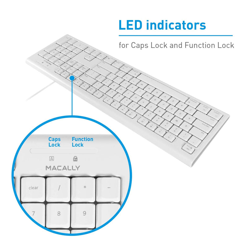 [Australia - AusPower] - Macally Full-Size USB Wired Keyboard for Mac Mini/Pro, iMac Desktop Computer, MacBook Pro/Air Desktop w/ 16 Compatible Apple Shortcuts, Extended with Number Keypad, Rubber Domed Keycaps - Spill Proof white 