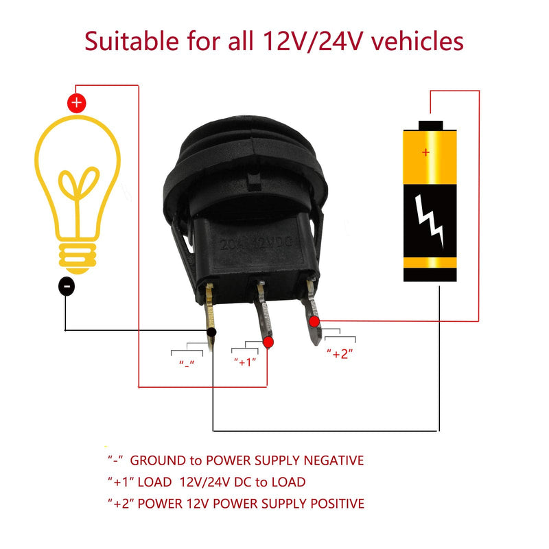 [Australia - AusPower] - 12 Volt Round Rocker Switch, [5Pcs] Waterproof 12V Toggle Switch with 20cm Detachable Wires and Hot Melt Intermediate Terminals, SPST 3 Pin On Off Switch with Blue LED Light for Car Boat Marine RV 