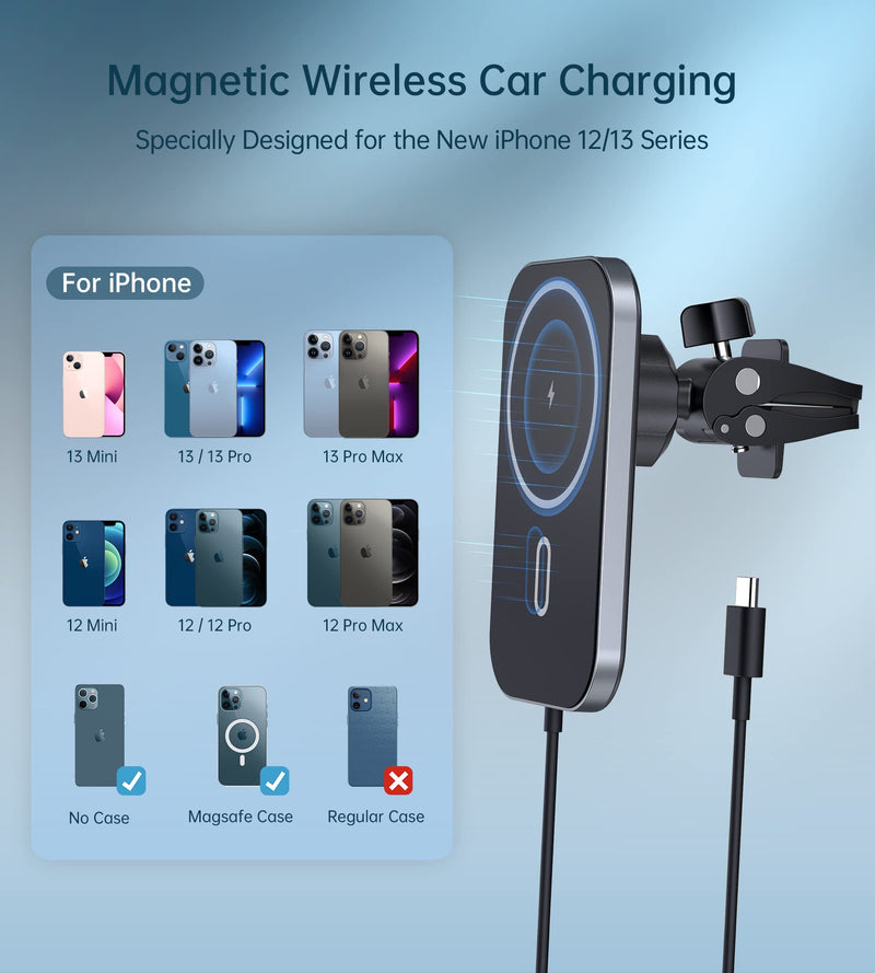 [Australia - AusPower] - Magnetic Wireless Car Charger for iPhone 13/12-360° Adjustable Auto Alignment Air Vent Magnetic Phone Car Mount Holder Charger Compatible with-MagSafe iPhone 13/12 Pro Max Mini（with PD Car Adapter） 