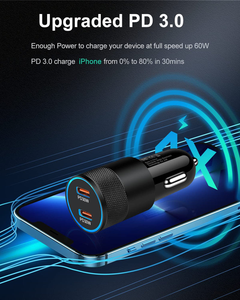 [Australia - AusPower] - 60w Super Fast USB C Car Charger, 2pack Car Lighter Adapter With Pd C To C Cable Quick Charging Type C Cords Plug-in Dual Port Usbc Cigarette Cargador Auto for Samsung S22+ S21 Ultra S20 Galaxy Note20 