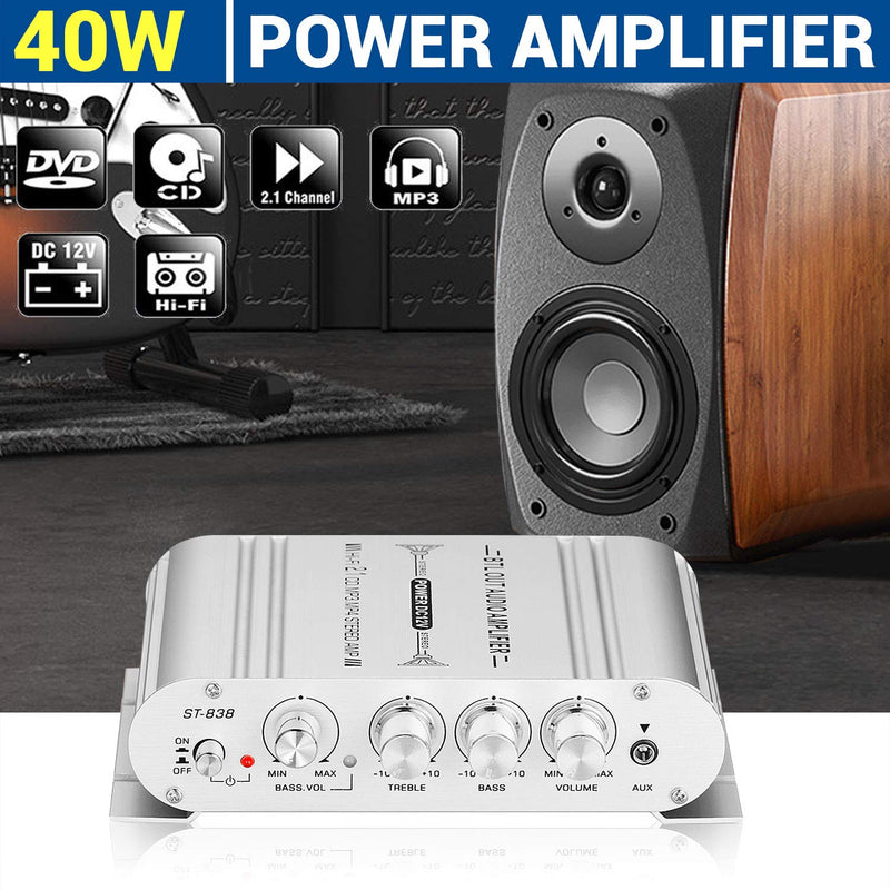 [Australia - AusPower] - Facmogu ST-838 40W 2x20W Mini Digital Hi-Fi Power Amplifier, 2.1CH Subwoofer Amp Stereo Bass Audio Player with 12V 3A Power Adapter, Stereo Amplifier System for CD MP3 MP4 PC Car Home Speaker 20Wx2+40W Passive Subwoofer No BT 
