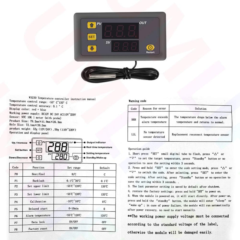 [Australia - AusPower] - W3230 DC 12V 20A LED Digital Temperature Controller Thermostat Thermometer Temperature Control Switch Sensor Meter（DV12V）） 