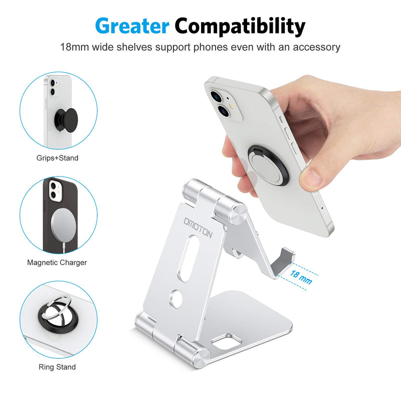 [Australia - AusPower] - Foldable Cell Phone Stand, OMOTON C4 Portable Aluminum Phone Holder, Adjustable Phone Dock Cradle Compatible with iPhone 13/12/11 Pro Max, Samsung Galaxy, Small Tablets and Other Phones, Silver 