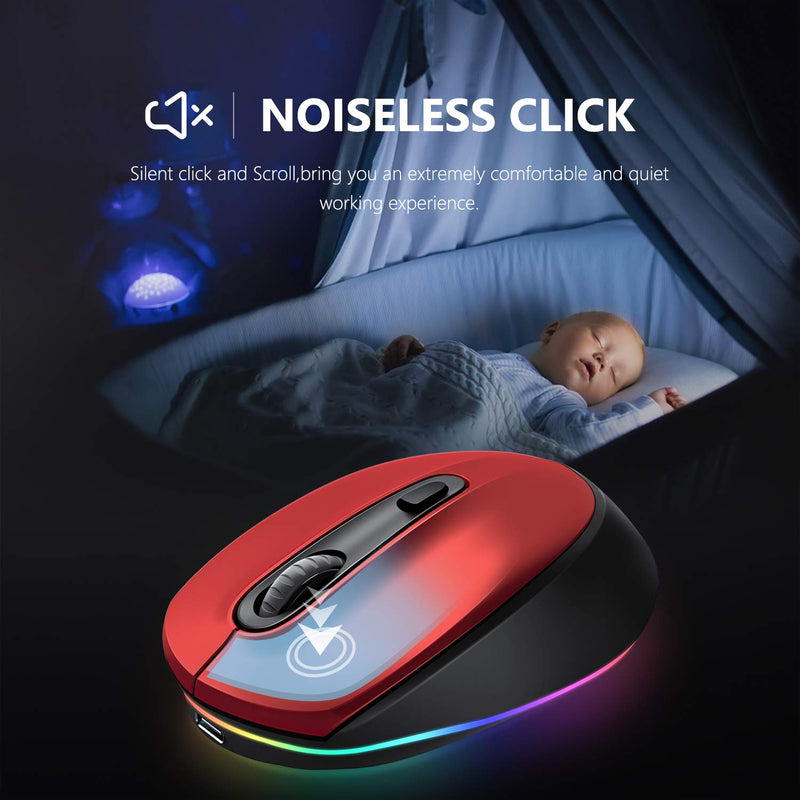 [Australia - AusPower] - seenda Bluetooth Mouse, Ultra Quiet Rechargeable Light Up Wireless Mouse (Bluetooth 3.0/5.0+USB) with LED Rainbow Lights for Computer Laptop Notebook Chromebook Mac Windows,Red Red Bluetooth Mouse 