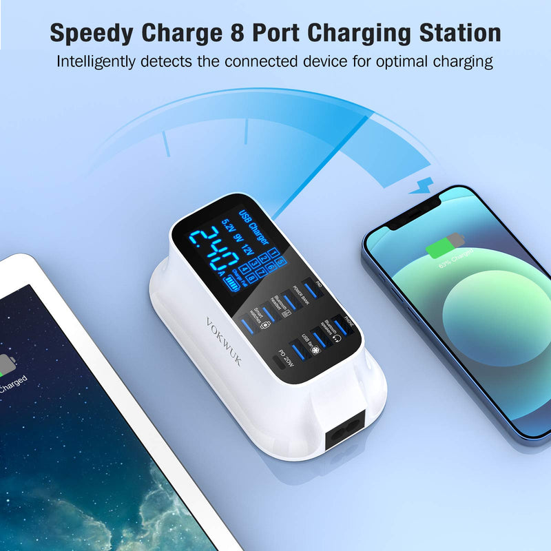 [Australia - AusPower] - USB C Charger Station, 40W 8-Port Multiple USB Charging Station, 20W PD USB C Fast Charger Port and 7 USB A Ports with LCD Screen for iPhone 13/12, Smart Phones, Switch More USB Device 