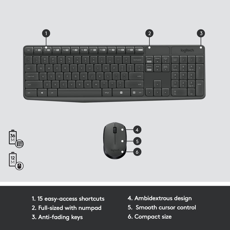 [Australia - AusPower] - Logitech MK235 Wireless Keyboard and Mouse Combo for Windows, 2.4 GHz Wireless Unifying USB Receiver, 15 FN Keys, Long Battery Life, Compatible with PC, Laptop 