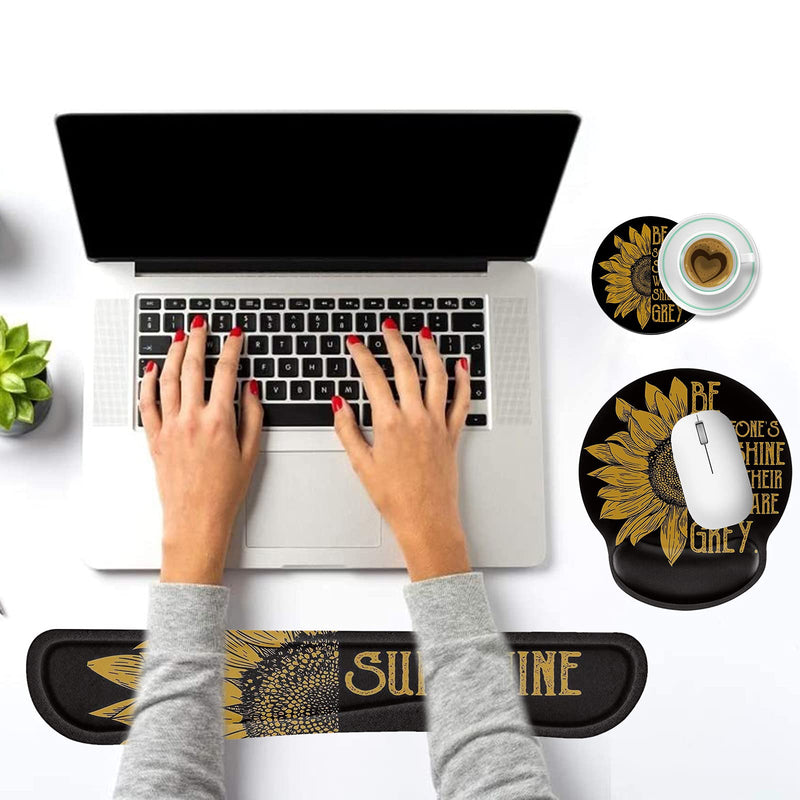 [Australia - AusPower] - Keyboard Wrist Rest and Mouse Pad Wrist Support Set with Coffee Coaster, Non-Slip PU Base for Gaming and Office, Comfortable & Lightweight for Easy Typing & Pain Relief,Sunflower Sunflower 