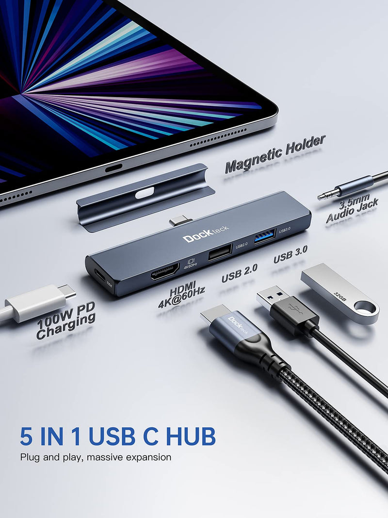 [Australia - AusPower] - iPad Pro USB C Hub Multiport Adapter - Dockteck USBC Hub 5 in 1 with 100W PD, 4K 60Hz HDMI, Audio, USB 3.0, USB C Dock with Magnetic Grip for iPad Pro 12.9 2021 2020 2018, iPad Air, iPad Mini 6 