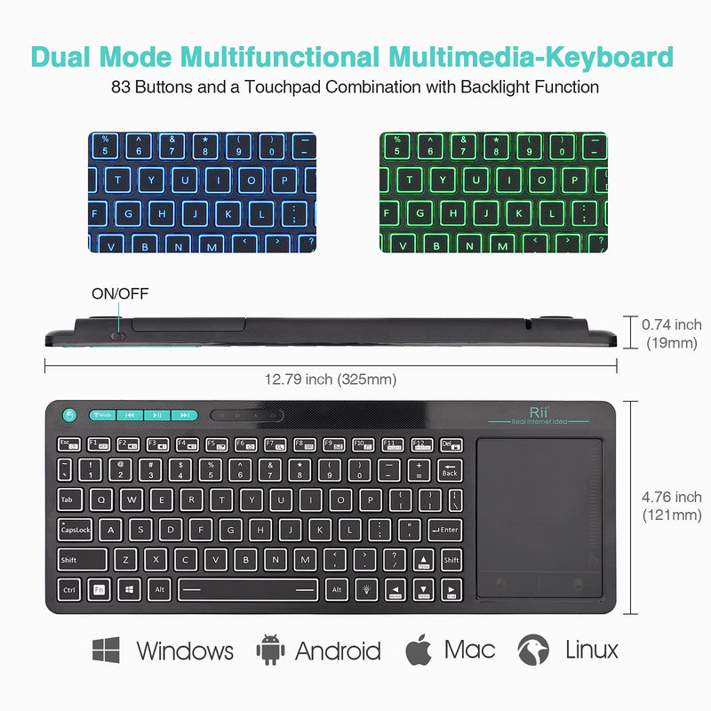 [Australia - AusPower] - (Dual Mode) Rii RT518S Wireless and Bluetooth 2-LED Color Backlit Multimedia Keyboard with Multi-Touch Big Size Trackpad,Rechargable Keyboard for Android TV Box,PC,Tablets,Smart TV, HTPC, IPTV,Windows 2.4GHz+Bluetooth 