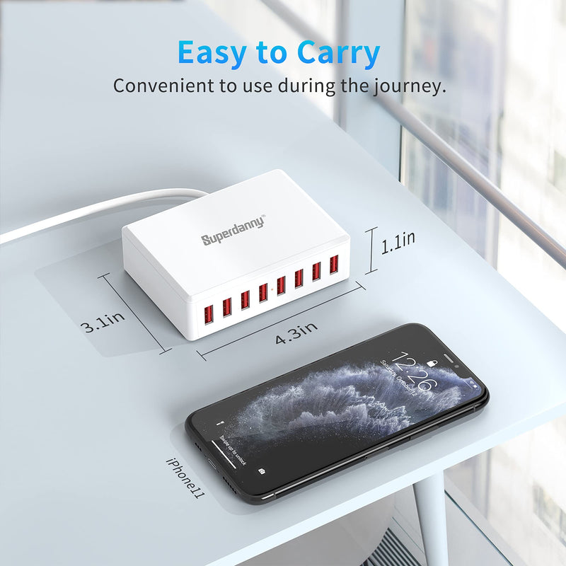 [Australia - AusPower] - USB Charger Station, SUPERDANNY 8-Port Desktop Charging Station for Multiple Devices, Compatible with iPhone 11/X/Xs/Max/XR/SE/8/Plus, iPad Pro/Air/Mini, AirPods, Galaxy S10 Note, LG, and More, White 