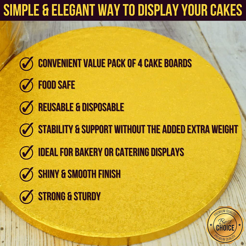 [Australia - AusPower] - 12 Inch Cake Boards - 4-Pack Cake Drums 12 Inch Dia. - Disposable Gold Cake Board Circles - Reusable Round Cake Boards - Cake Base Cardboard Cake Rounds - Cake Decorating Supplies & Baking Supplies 