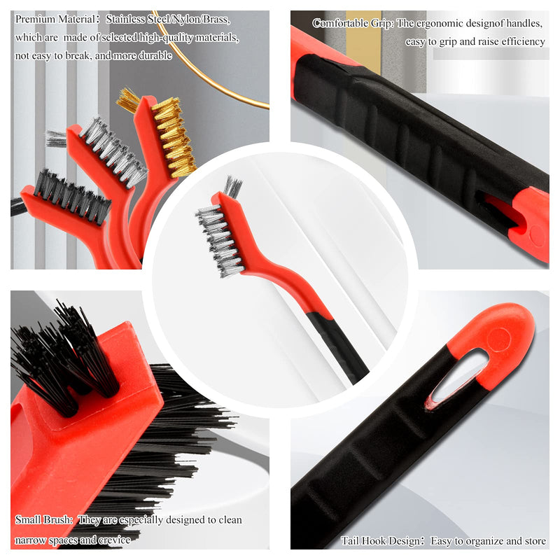[Australia - AusPower] - Wire Brush Set, 6 Pcs Brass/Stainless Steel/Nylon Wire Brushes for Cleaning with Curved Handle Grip for Rust Removal, Dirt, Paint Scrubbing 
