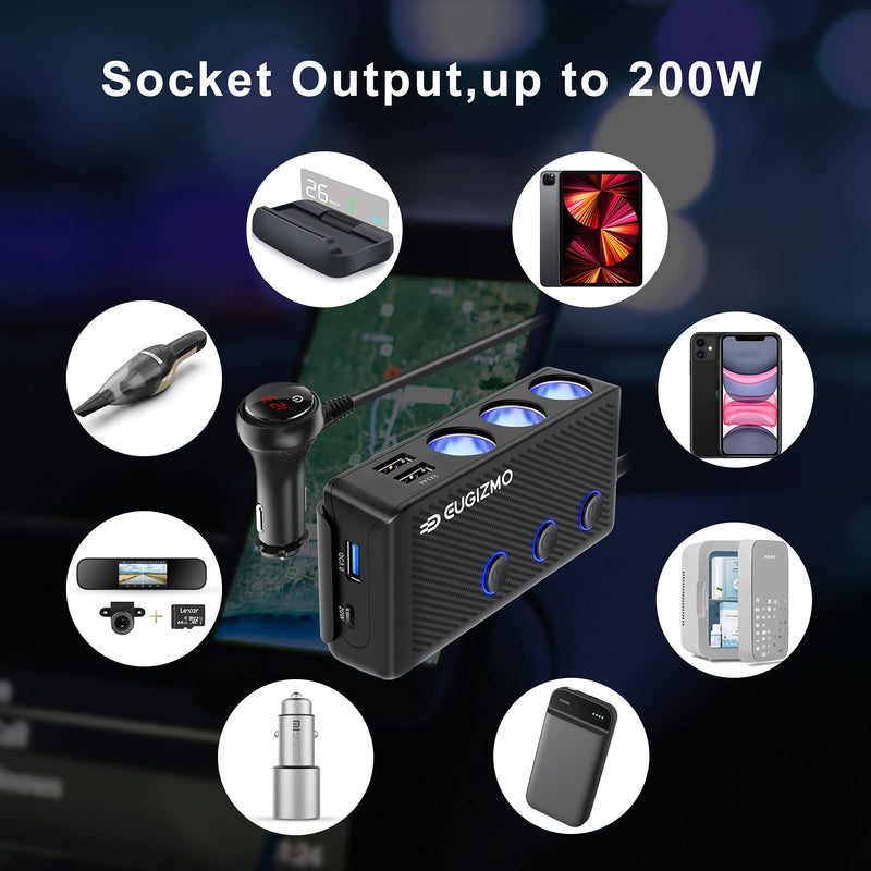 [Australia - AusPower] - Cigarette Lighter Adapter [2022 Upgraded] USB C Charger 20W and Quick Charge 3.0 Car Cigarette Lighter Splitter 200W High Power 12V/24V Car Splitter with 3 Socket Car Cigarette Lighter Splitter 