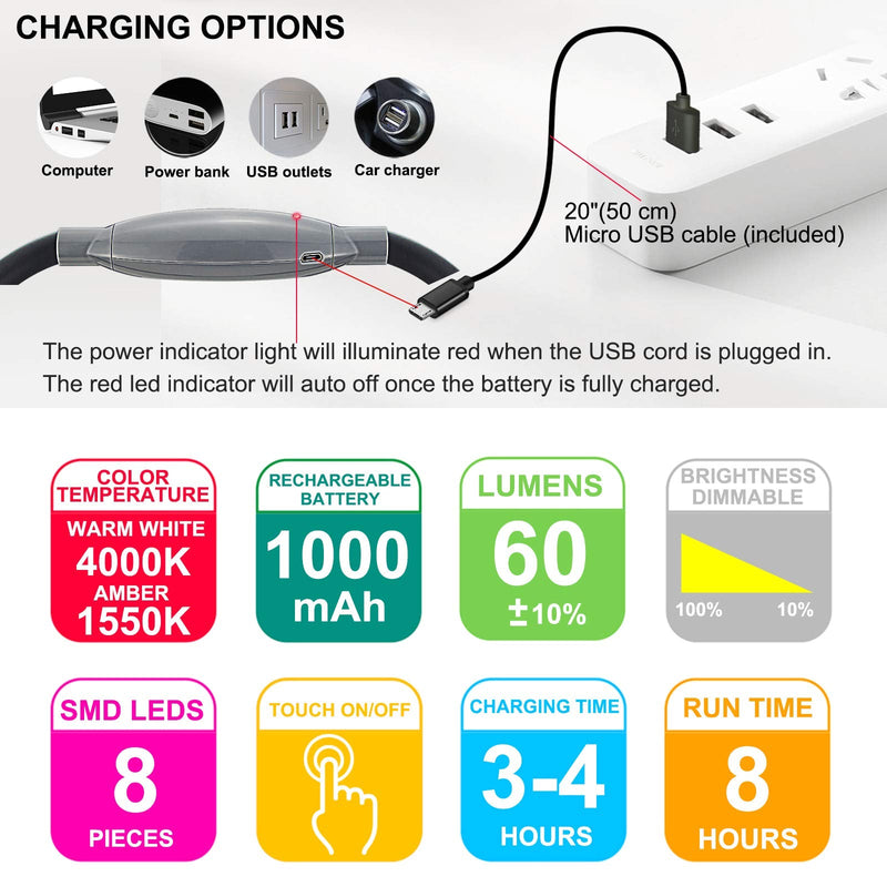 [Australia - AusPower] - HONGUT LED Neck Reading Light, Rechargeable Neck Light for Reading in Bed, 8 LED 2 Modes, Bendable Arms Swing Head, Brightness Adjustable Neck Book Lights Amber Light for Camping, Repairing, Knitting 