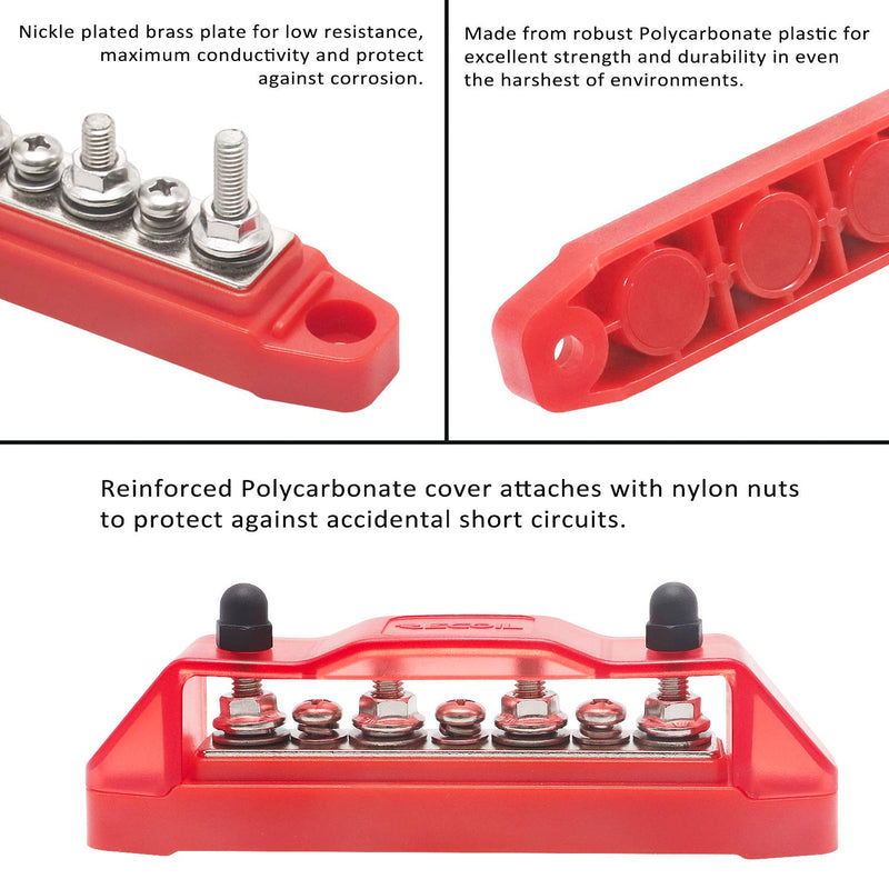 [Australia - AusPower] - Recoil Bus Bar 4 x M5 Studs 3 Screw Terminals Power Distribution Block with Ring Terminals(Red) Red 