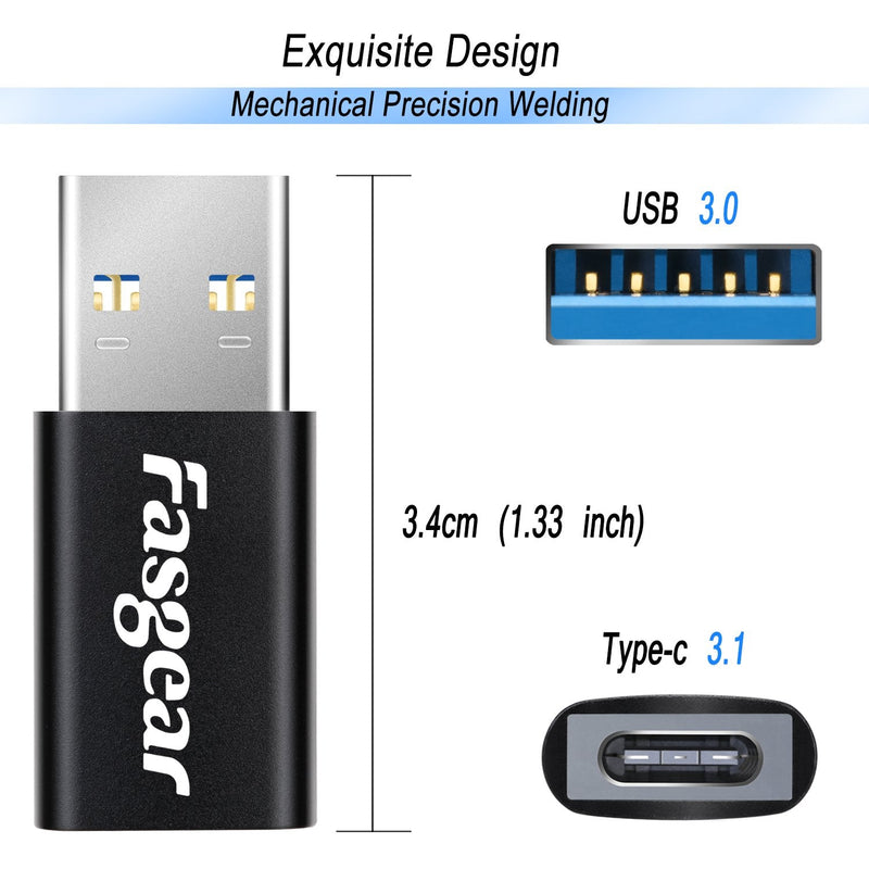 [Australia - AusPower] - USB C Female to USB 3.1 Male Adapter 10Gbps & 3A Fast Charging - 2 Pack Fasgear Type A to Type C Adapters Double-Side Data Sync Compatible for i-Pad, Tablet,Laptop,PC,Charger,Power Bank,Quest Link 2 x Black 