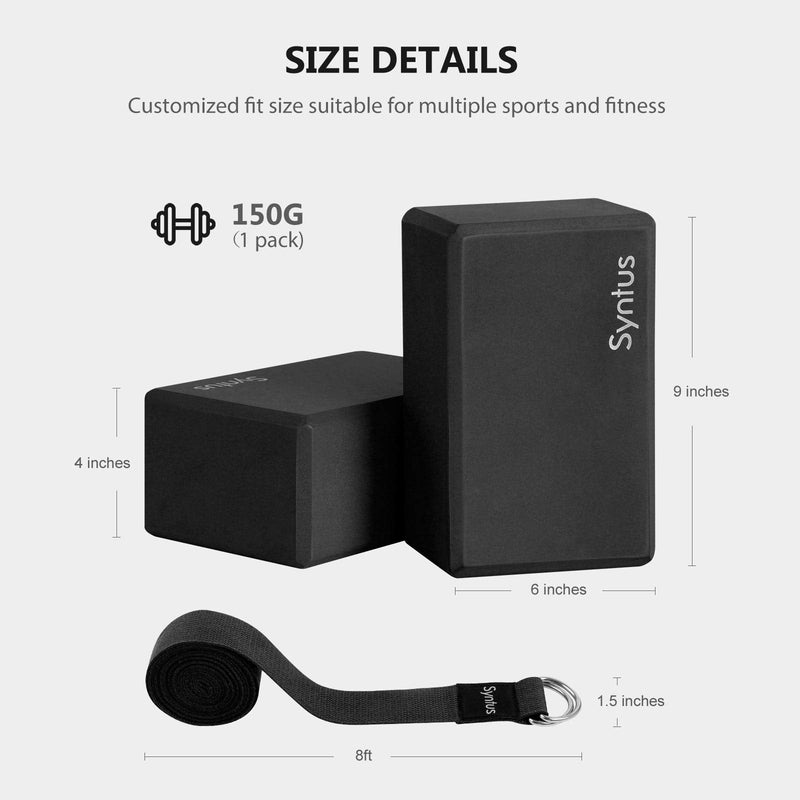 [Australia - AusPower] - Syntus Yoga Block and Yoga Strap Set, 2 EVA Foam Soft Non-Slip Yoga Blocks 9×6×4 inches, 8FT Metal D-Ring Strap for Yoga, General Fitness, Pilates, Stretching and Toning Workouts Black 