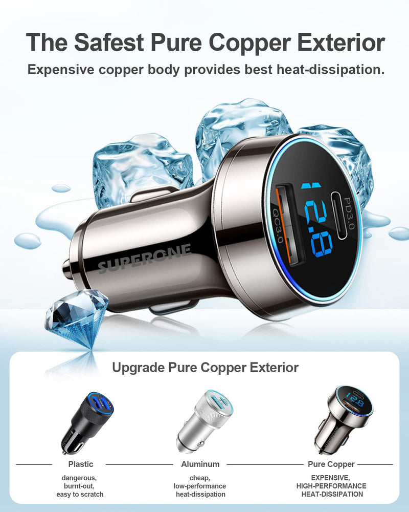[Australia - AusPower] - USB C Car Charger [Pure Copper], SUPERONE 45W Dual USB Car Charger Adapter with 27W PD Port, QC 3.0 and LED Voltmeter foriPhone 13 12 Pro Max/Pro/Mini, Google Pixel 6/5/4, Samsung S21/20 and More 
